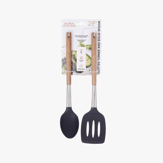 2-Piece Solid Spoon & Slotted Turner Set - Acacia Wood & Stainless Steel Handles, Silicone Heads, Non-Stick Safe, Black