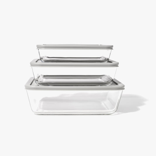 6 Piece Set (3 Containers + 3 Lids) Rectangular Nesting Glass Storage Containers, Blue