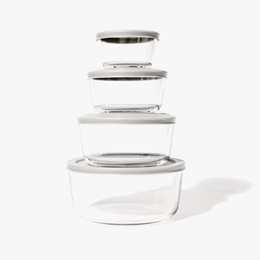 8 Piece Set (4 Containers + 4 Lids) Round Nesting Glass Storage Containers, Blue