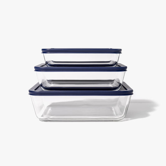 6 Piece Set (3 Containers + 3 Lids) Rectangular Nesting Glass Storage Containers, White