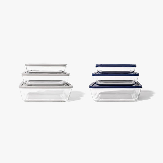 12 Piece Set (6 Containers + 6 Lids) Rectangular Nesting Glass Storage Containers, Blue