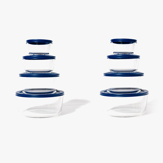 16 Piece Set (8 Containers + 8 Lids) Round Nesting Glass Storage Containers, Grey