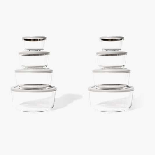 16 Piece Set (8 Containers + 8 Lids) Round Nesting Glass Storage Containers, White