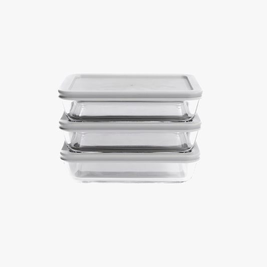 6 Piece Set (3 Containers + 3 Lids) 3 Cup Rectangular Glass Storage Containers, Blue