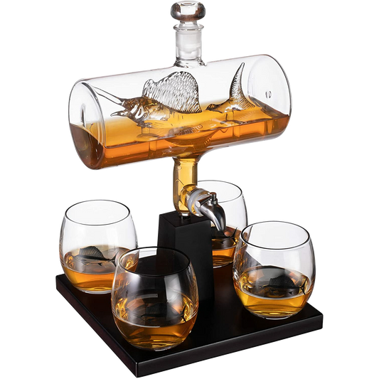 Swordfish & Sailfish Wine & Whiskey Decanter Dispenser and 4 Liquor Glasses
