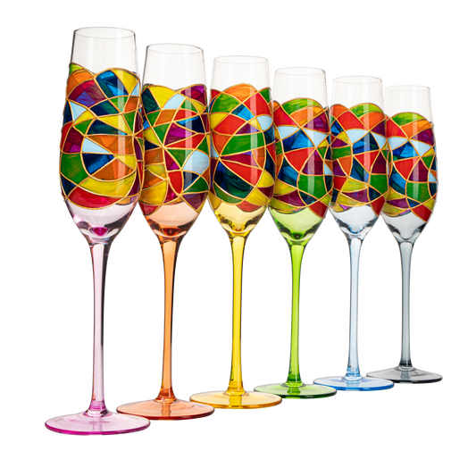 Stained Glass Champagne Flutes Set of 6 Hand Painted