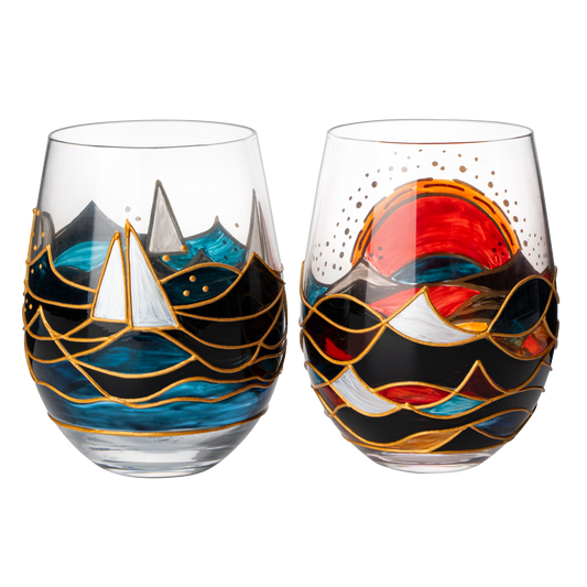 Artisanal Hand Painted Sunrise Glasses, Stemless Set of 2