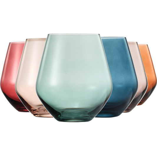 Colored Stemless Crystal Wine Glass Set of 6 - Large 16 oz (Pastel)
