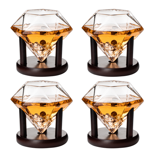 Set of 4 Diamond Whiskey & Wine Glasses With Wood Stands 10oz