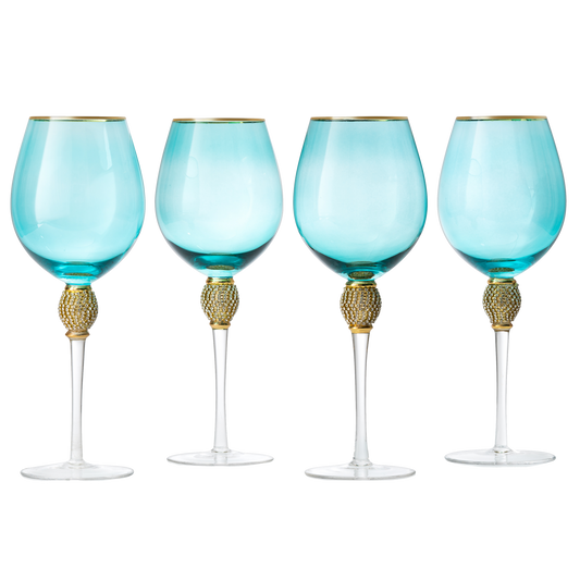 Large Diamond Wine Glasses, 10" H Gold Rim (4, Blue)