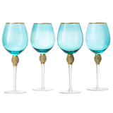 Large Diamond Wine Glasses, 10" H Gold Rim (4, Blue)