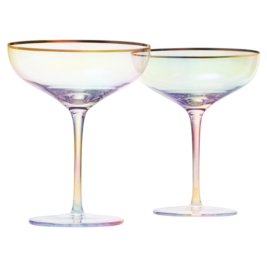 Iridescent Colored Gilded Rim Coupe Glass, 2-Set Large 9oz