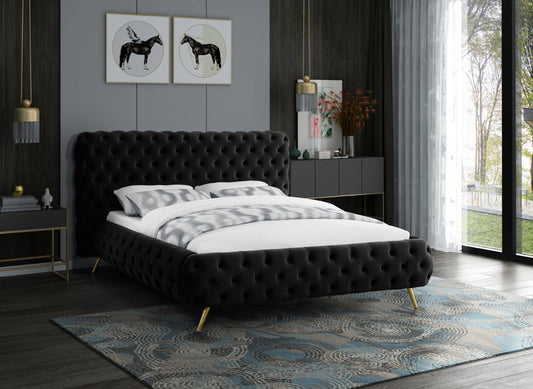 Delano Luxurious Velvet Bed with Deep Button Tufting, Elegant Gold Metal Legs, and Modern Design
