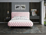 Delano Luxurious Velvet Bed with Deep Button Tufting, Elegant Gold Metal Legs, and Modern Design