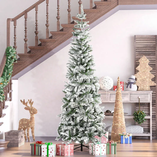 HOMCOM 7.5ft Unlit Snow-Flocked Slim Pine Artificial Christmas Tree with Realistic Branches and 668 Tips