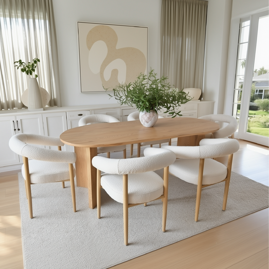 Dwen & Melbourne 79" Oval & Boucle Dining Table Set for 6 (7-Piece)