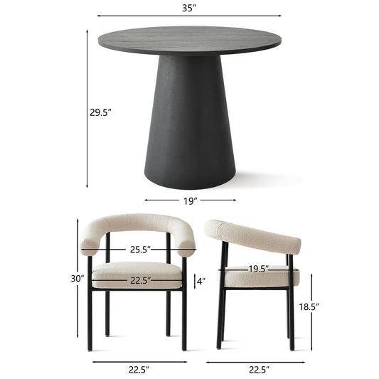 Dwen & New York 35" Round & Boucle Dining Table Set for 2 (3-Piece)