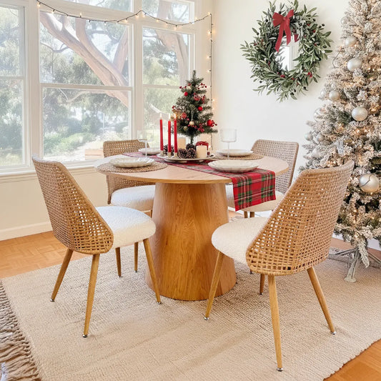 Dwen & Nice 46" Round Rattan & Beige Dining Set for 4 (5-Piece)