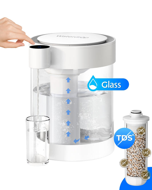 Waterdrop 0 TDS Glass Electric Water ilter Dispenser, 5-Stage Instant Powerful Pitcher, Reduce Chlorine, Lead, Copper, Large Countertop Water Filtration System, with 1 Filter