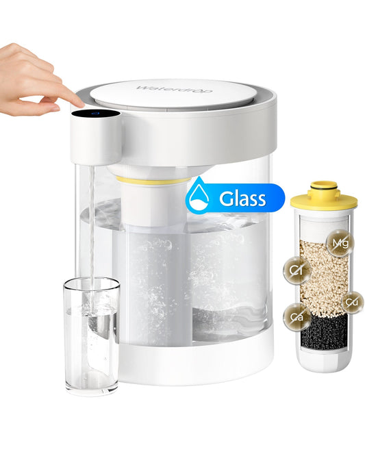 Waterdrop Glass Electric Water Filter Dispenser, 5-Stage Instant Powerful Pitcher, Reduce 70+ Contaminants, Soften Water, Large 22-Cup Eco-Friendly Countertop Water Filtration System, with 1 Filter