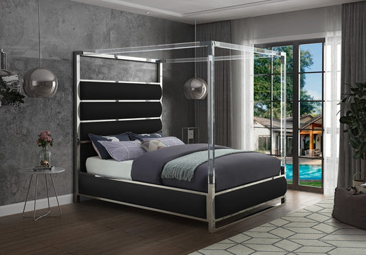 Encore Modern Canopy Bed with Acrylic Posts and Padded Headboard for a Stylish Bedroom Upgrade