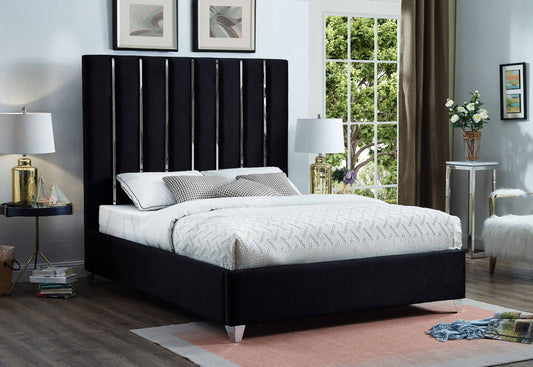 Enzo Velvet Bed – Glamorous Chrome Channel Design for a Modern Bedroom, Easy Assembly, No Box Spring Needed