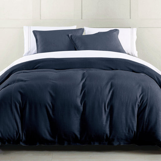 Hera Washed Linen Flange Duvet Cover, Super Queen, Navy