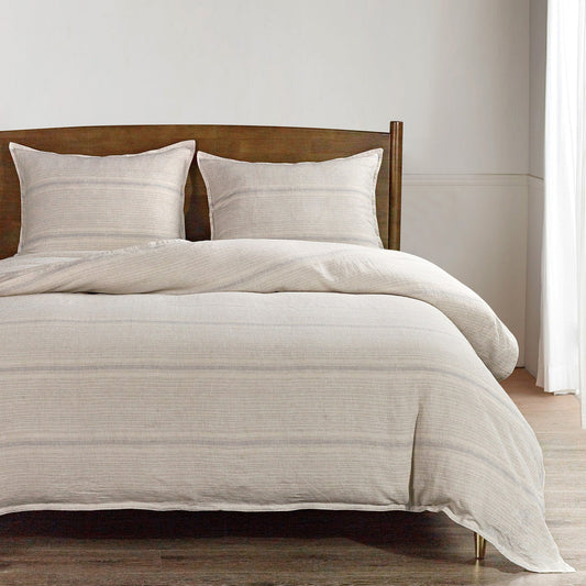 100% French Flax Linen Variegated Stripe Duvet Cover Set, Natural