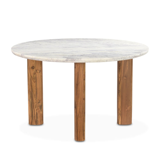 Barcelona 54" Round Dining Table with White Marble and Reclaimed Wood Legs
