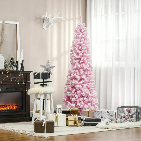 HOMCOM 6ft Tall Unlit Snow Flocked Artificial Christmas Tree Slim Pencil Xmas Tree with Pine Shape and Realistic Branches, Pink