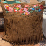 Floral Embroidery Fringed Leather Pillow