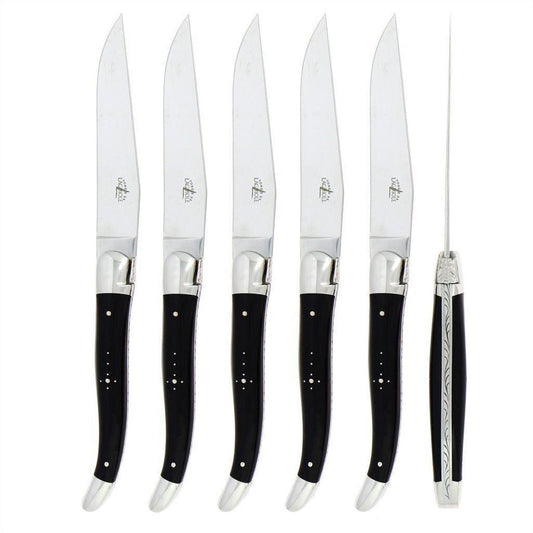 Forge de  Laguiole 6 Piece Steak Knife Set Dark Horn Tip
