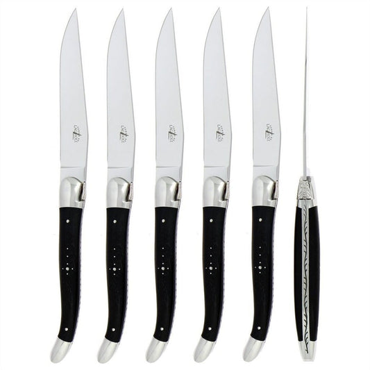 Forge de  Laguiole 6 Piece Steak Knife Set Ebony Wood Satin Finish