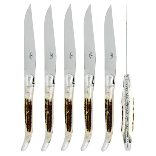 Forge de  Laguiole 6 Piece Steak Knife Set Elk Stag Handle