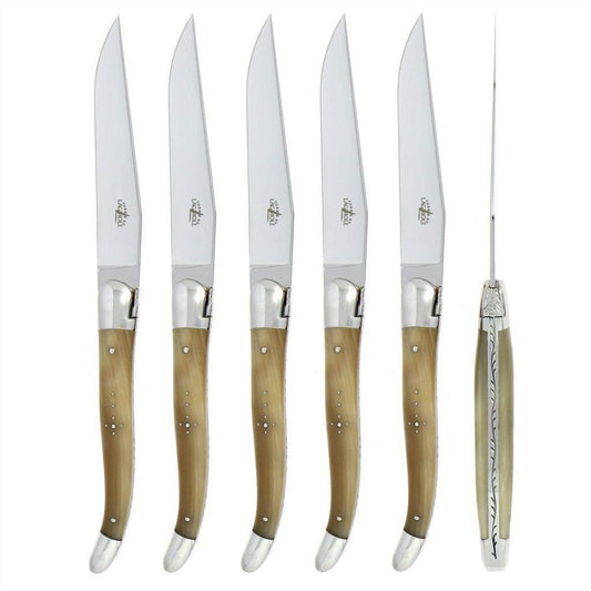 Forge de  Laguiole 6 Piece Steak Knife Set Light Horn Tip