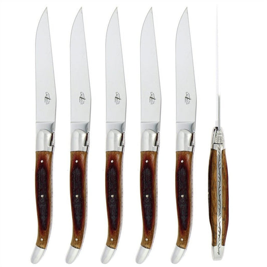 Forge de  Laguiole 6 Piece Steak Knife Set Oak Barrel Handle Shiny Finish