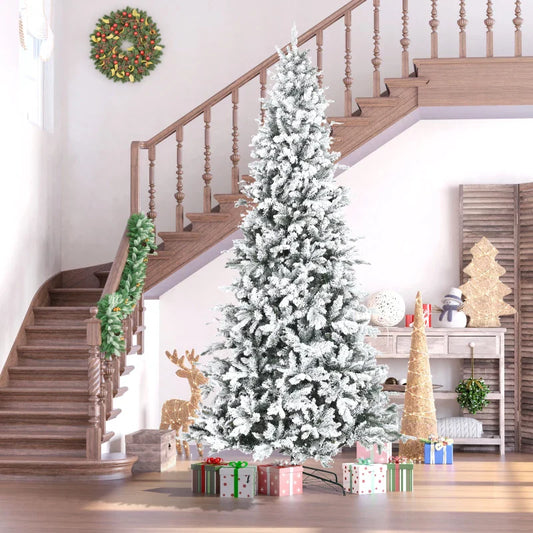 HOMCOM 9 Foot Pine Snow Flocked Artificial Christmas Tree with 616 Realistic Cedar Branches, Auto Open, Home Holiday Decoration, Green