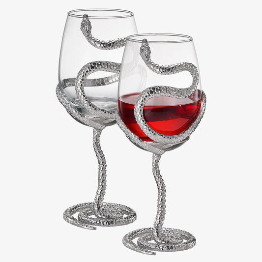 Stemmed Snake Wine Glass | Set of 2 | 19oz Spooky Reptile Glasses 10" H (Silver)