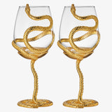 Stemmed Snake Wine Glass | Set of 2 | 19oz Spooky Reptile Glasses 10" H (Gold)