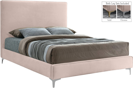 Geri Black Velvet Bed with Piping and Gold & Chrome Legs for a Stylish Contemporary Bedroom Design