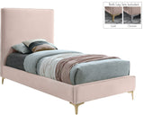 Geri Black Velvet Bed with Piping and Gold & Chrome Legs for a Stylish Contemporary Bedroom Design