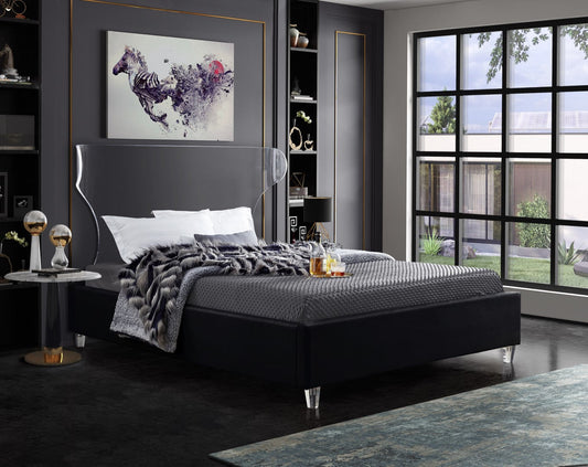 Ghost Acrylic Contemporary Bed with Plush Upholstered Rails, Curved Headboard & Slats Included