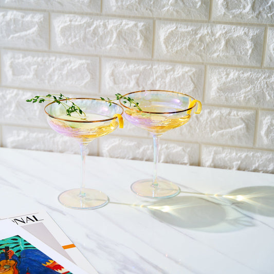 Iridescent Colored Gilded Rim Coupe Glass, 2-Set Large 9oz