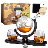 Whiskey Decanter Globe Set with 2 Etched Whiskey Glasses - 850ml