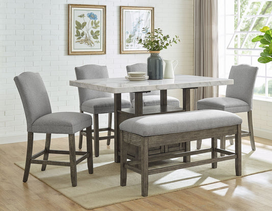 Grayson 6 Piece White Marble Top Counter Set (Counter Table, Counter Bench & 4 Counter Chairs)