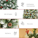 HOMCOM 6ft Pre-Lit Snow-Dipped Artificial Christmas Tree with Realistic Branches, 300 LED Lights, Pine Cones, Red Berries and 618 Tips