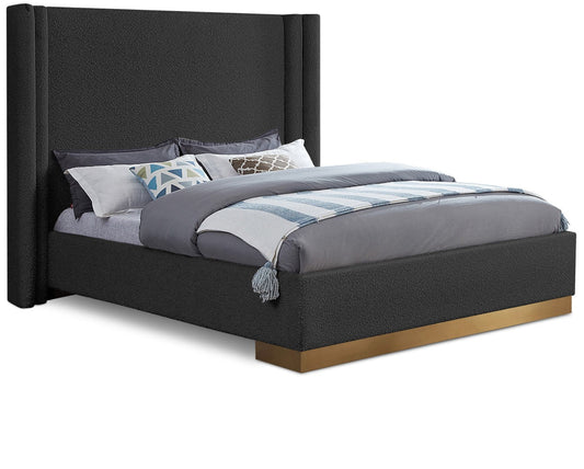 Halton Contemporary Bed with Stylish Brushed Gold Base and Luxurious Boucle Fabric Design