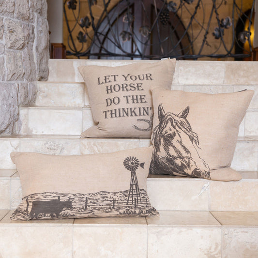 Burlap Horse Head Throw Pillow, 22x22