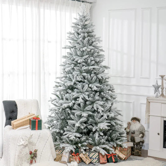 HOMCOM 8ft Artificial Flocked Christmas Tree with Snow Tips, Easy Assembly, Hinged Xmas Tree for Home Office Holiday