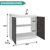 Napoles Utility Sink with Faucet Inclued and Integrated Steel Counter top, Freestanding cabinet with two doors, Metal Handles and Two interior shelves.